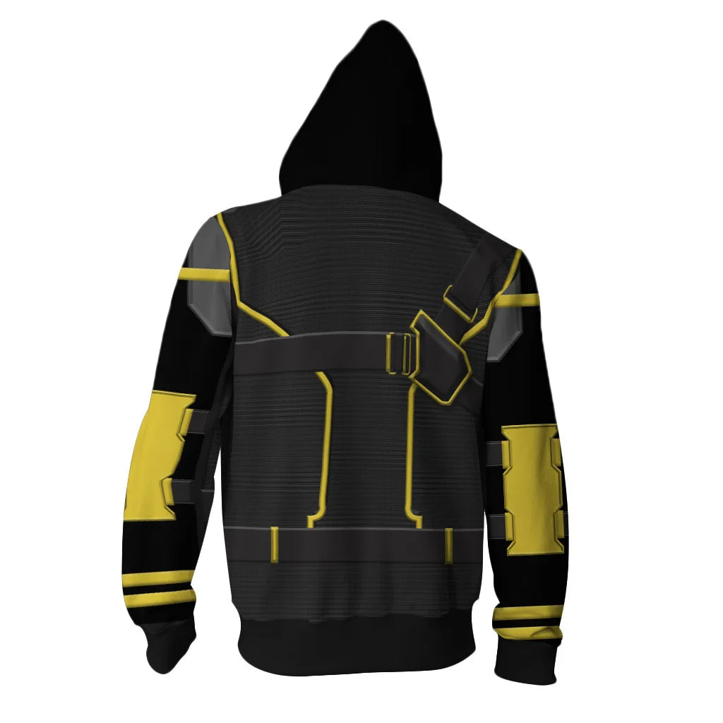 Hawkeye Hoodie – Schwarz-gelbes Quantenanzug-Design