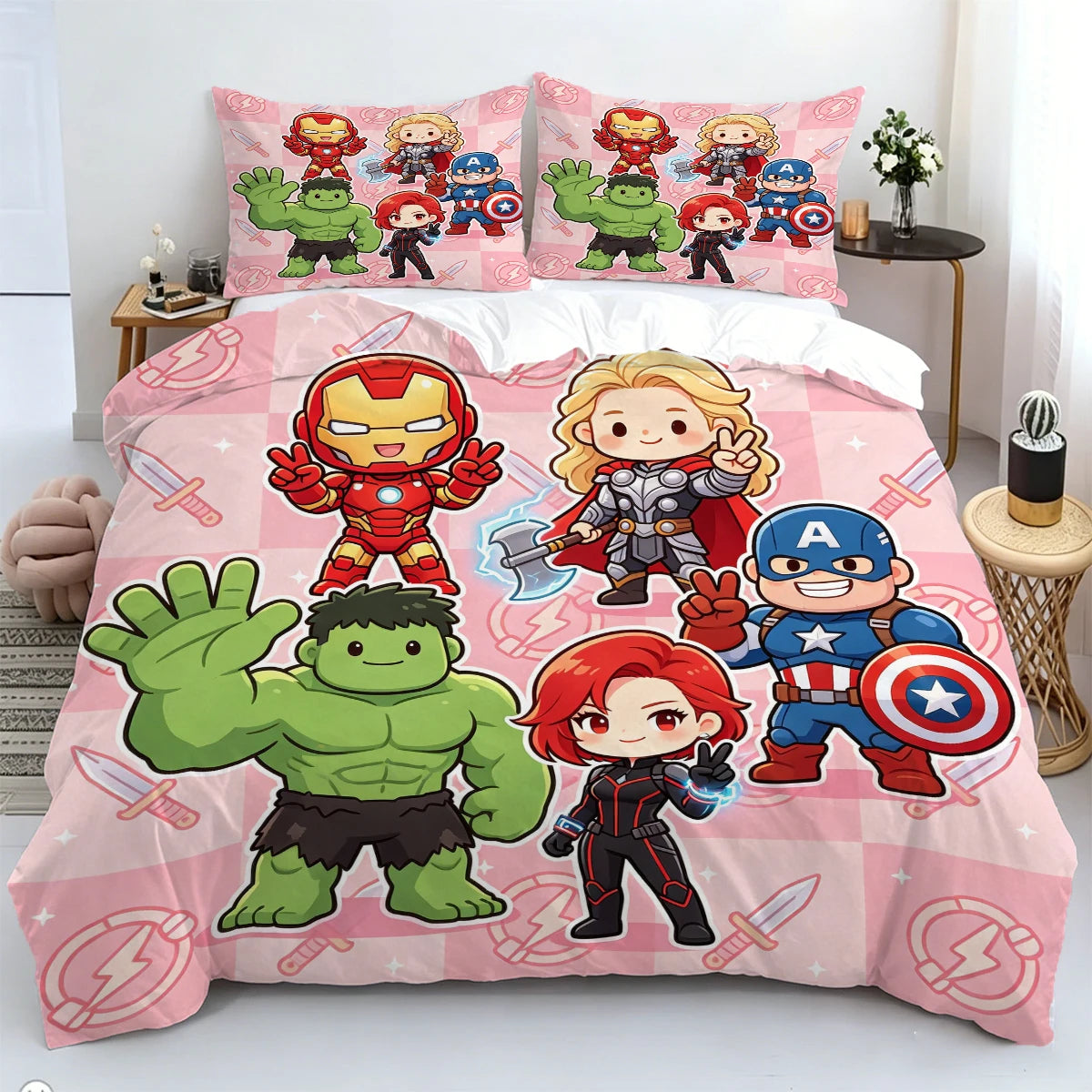 Chibi Avengers Bettbezug - Rosa Hintergrund