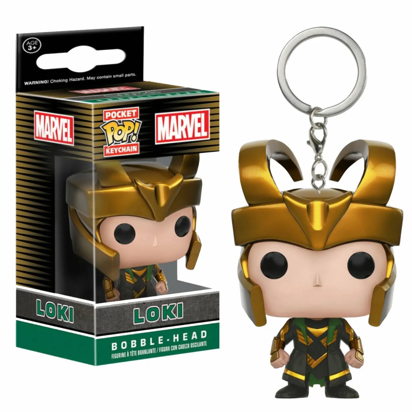 Loki Schlüsselanhänger – Figur mit goldener Helm-Box