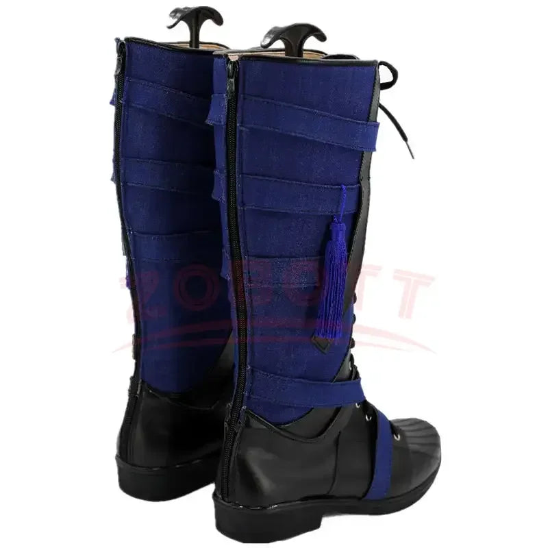 Cosplay Stiefel Fantasie - Marineblaues und schwarzes Leder mit Pompon (Damen)