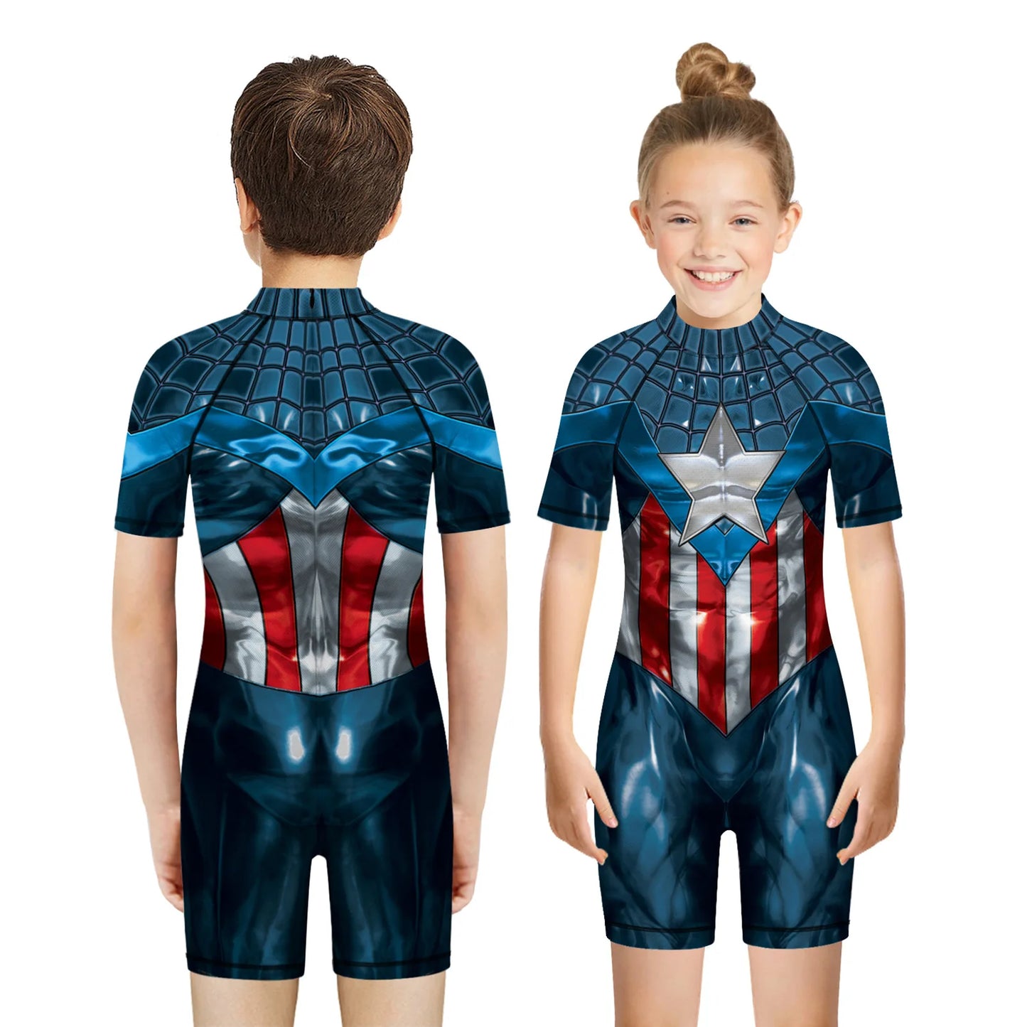 Kinder-Badeanzug Captain America - Kurzarm-3D-Overall mit Sternen-Motiv
