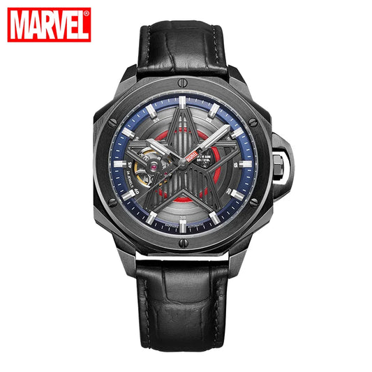 Skelettuhr Avengers Captain America - Schwarzes Ledergehäuse