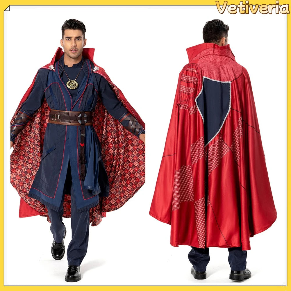 Doctor Strange Multiverse of Madness Cosplay-Kostüm – Roter Umhang, blaue Robe, Amulett, für Erwachsene