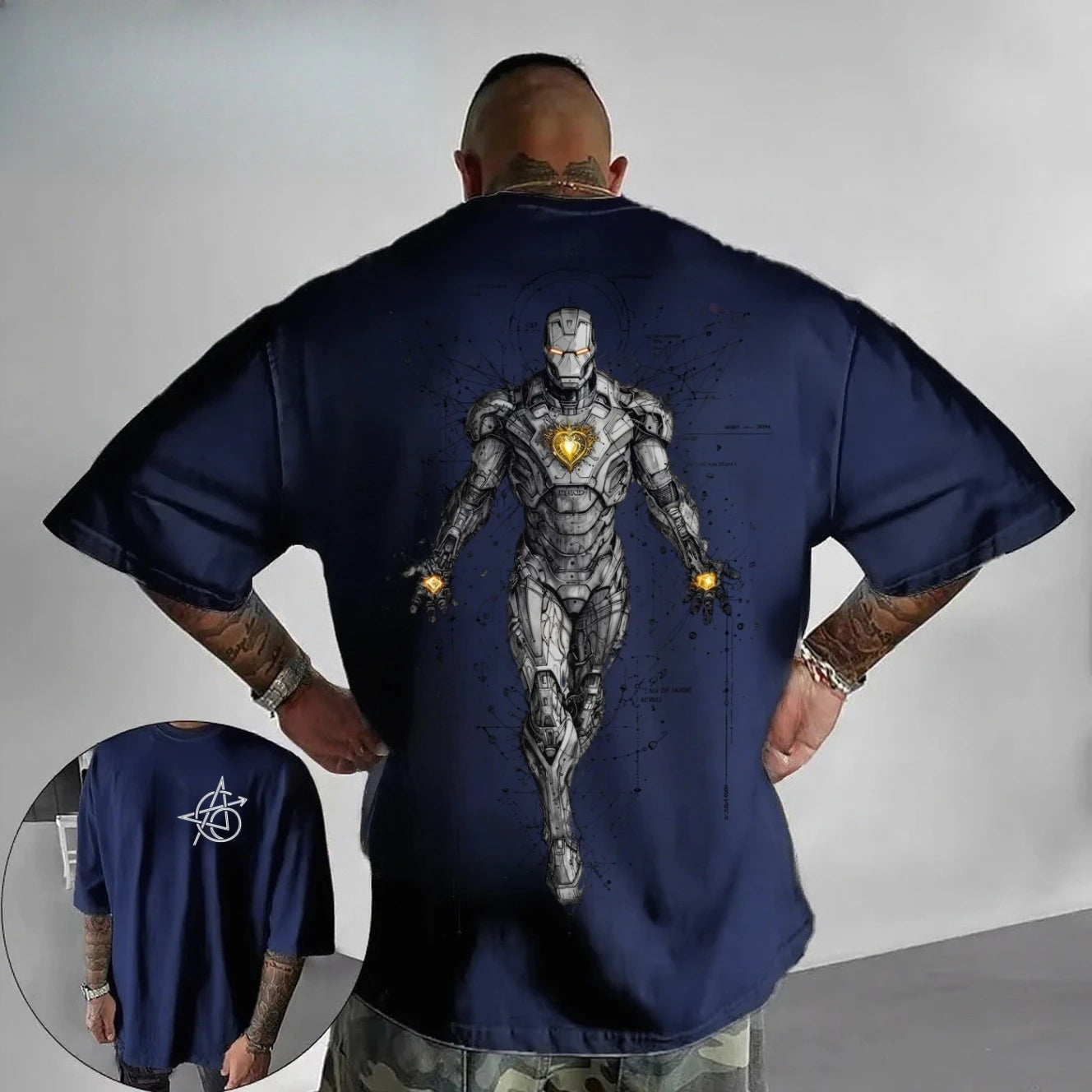 Avengers Iron Man T-Shirt – Cyberpunk Tech Line Art Weiß Oversize
