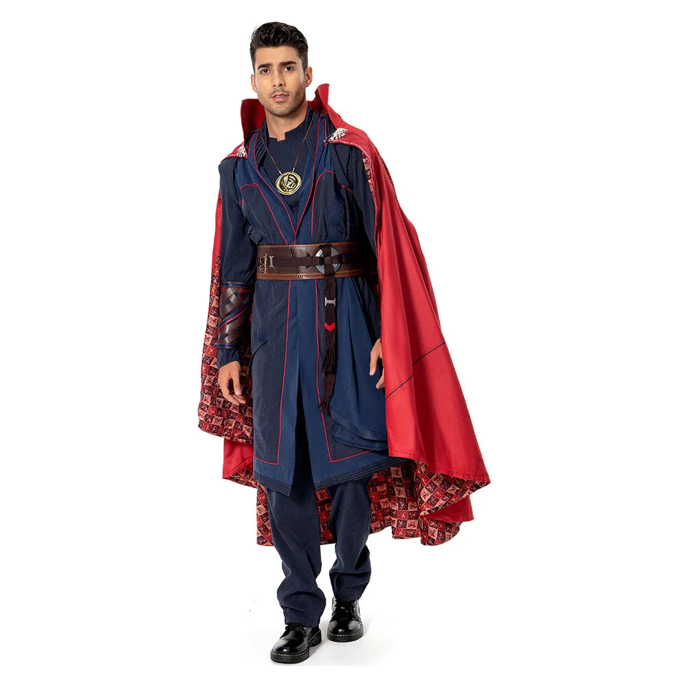 Doctor Strange Multiverse of Madness Cosplay-Kostüm – Roter Umhang, blaue Robe, Amulett, für Erwachsene