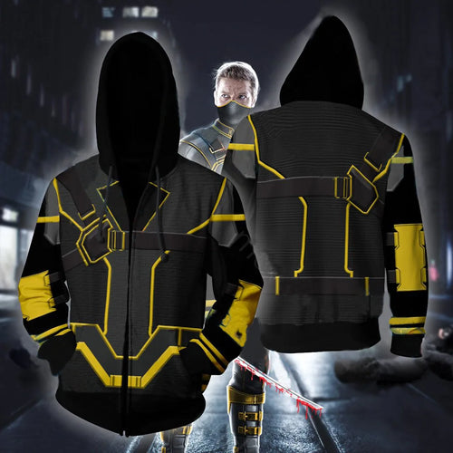 Hawkeye Hoodie – Schwarz-gelbes Quantenanzug-Design