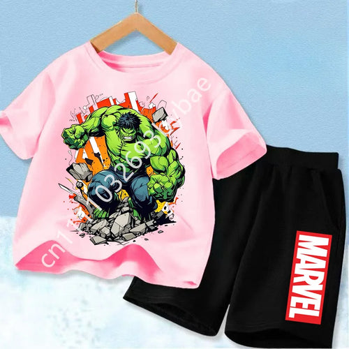 Avengers Hulk T-Shirt für Kinder - Rosafarbenes Set mit schwarzer Hose