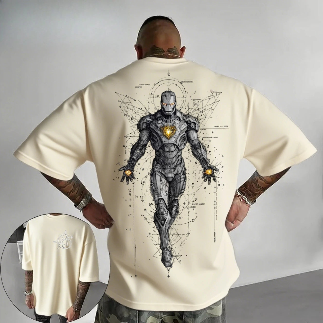 Avengers Iron Man T-Shirt – Cyberpunk Tech Line Art Weiß Oversize