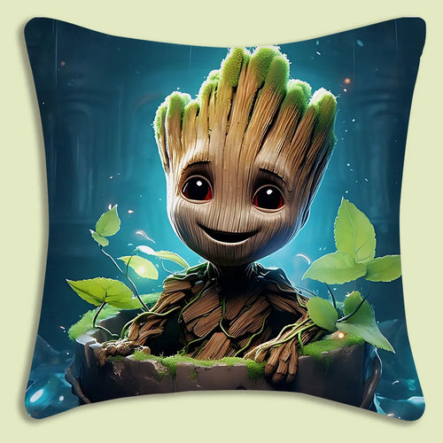 Kissenbezug Baby Groot - lächelnd im Topf auf blauem Hintergrund