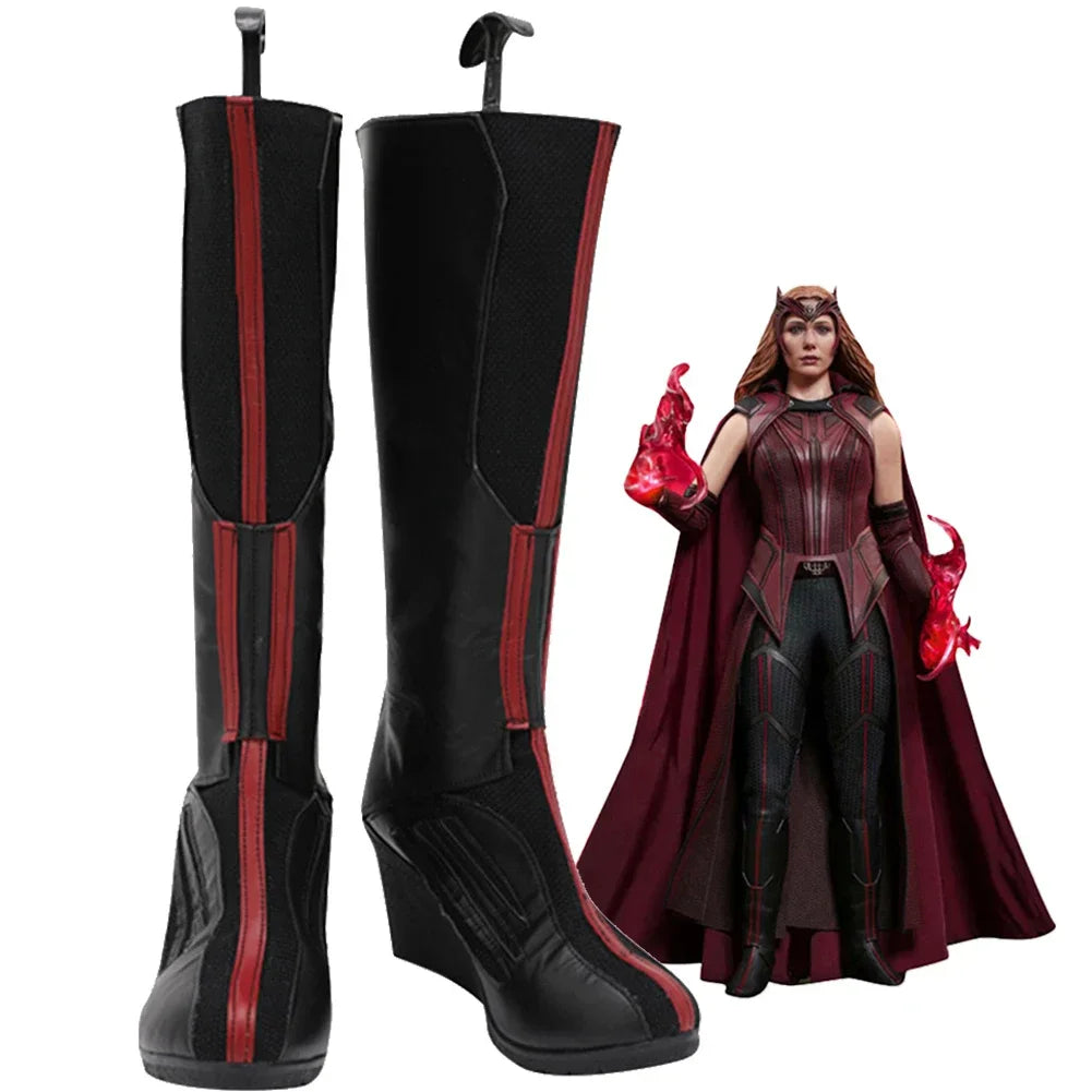 Scarlet Witch Stiefel - Schwarzes und rotes Leder mit Keilabsatz (Herren)