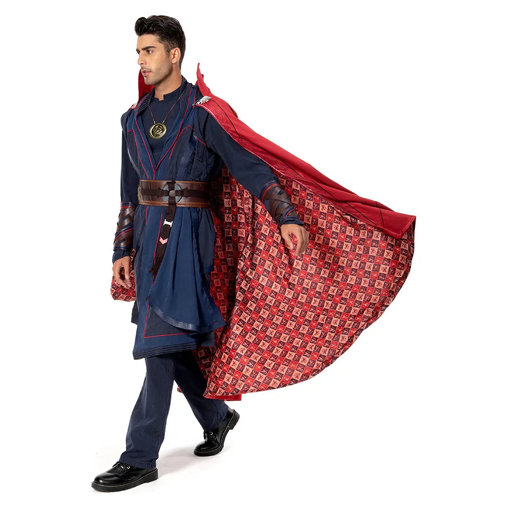 Doctor Strange Multiverse of Madness Cosplay-Kostüm – Roter Umhang, blaue Robe, Amulett, für Erwachsene