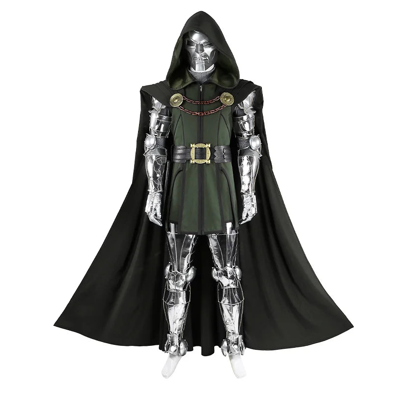 Doctor Doom Kostüm – silberner Rüstungsanzug mit schwarzem Umhang