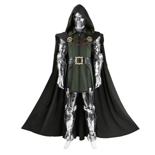 Doctor Doom Kostüm – silberner Rüstungsanzug mit schwarzem Umhang