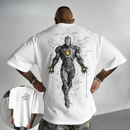Avengers Iron Man T-Shirt – Cyberpunk Tech Line Art Weiß Oversize