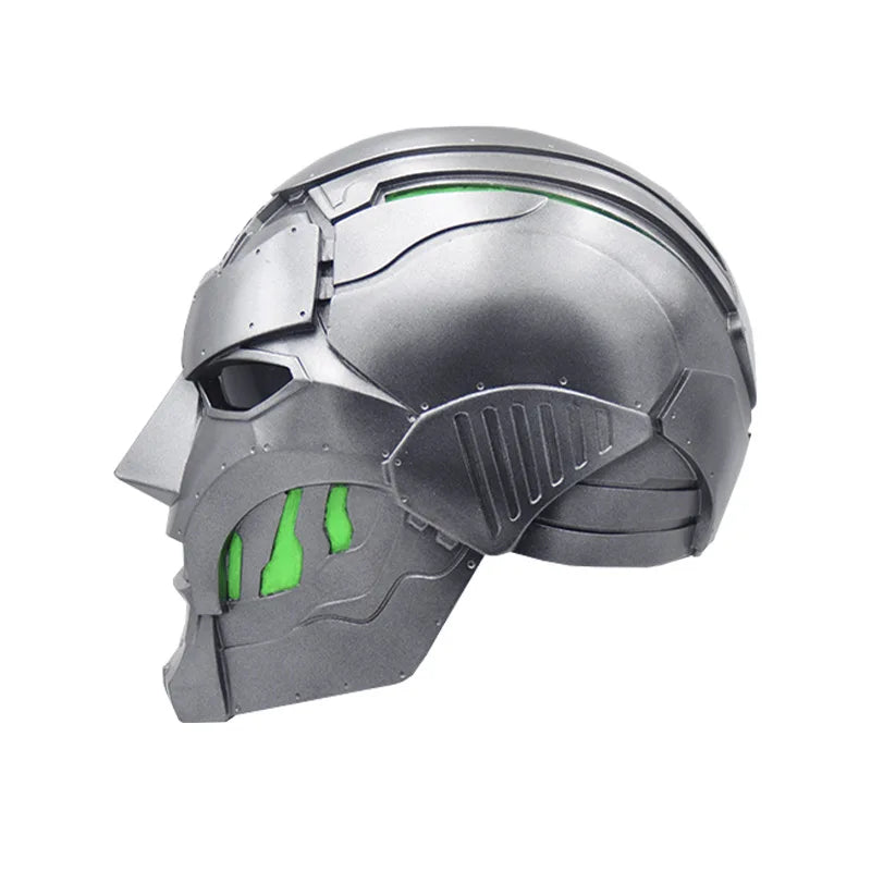 Doctor Doom Maske - Silberner Metallhelm mit kantigem, grünem Design