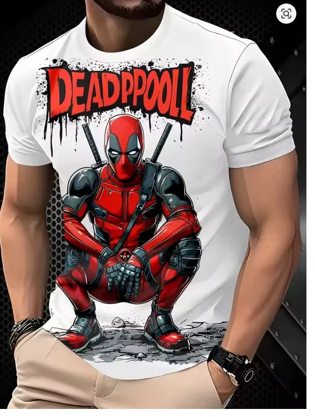 Herren T-Shirt Deadpool 3D - Kauernd Katanas Weißer Hintergrund