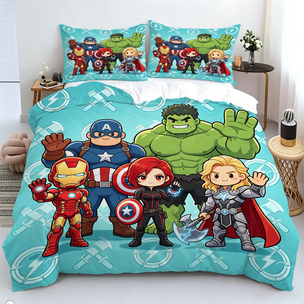 Bettbezug Chibi Avengers - Türkisfarbener Hintergrund