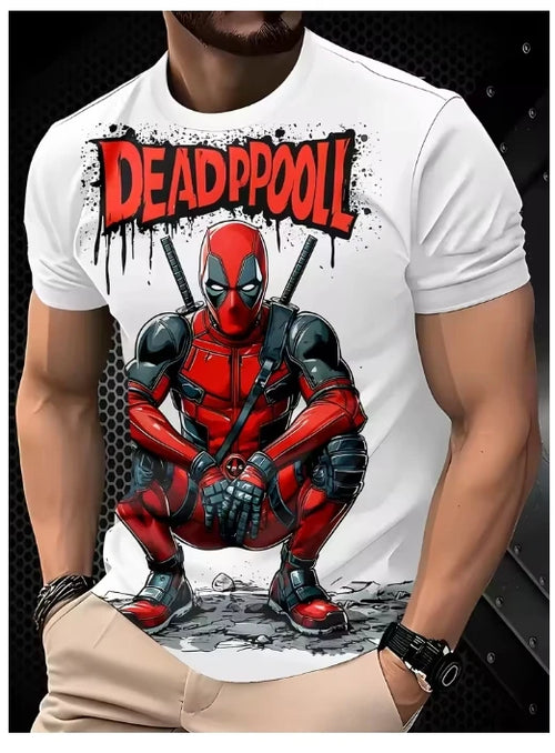Herren T-Shirt Deadpool 3D - Kauernd Katanas Weißer Hintergrund