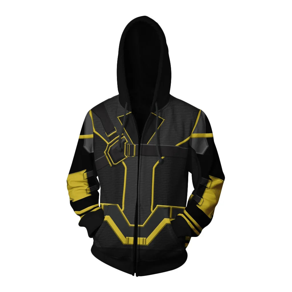 Hawkeye Hoodie – Schwarz-gelbes Quantenanzug-Design