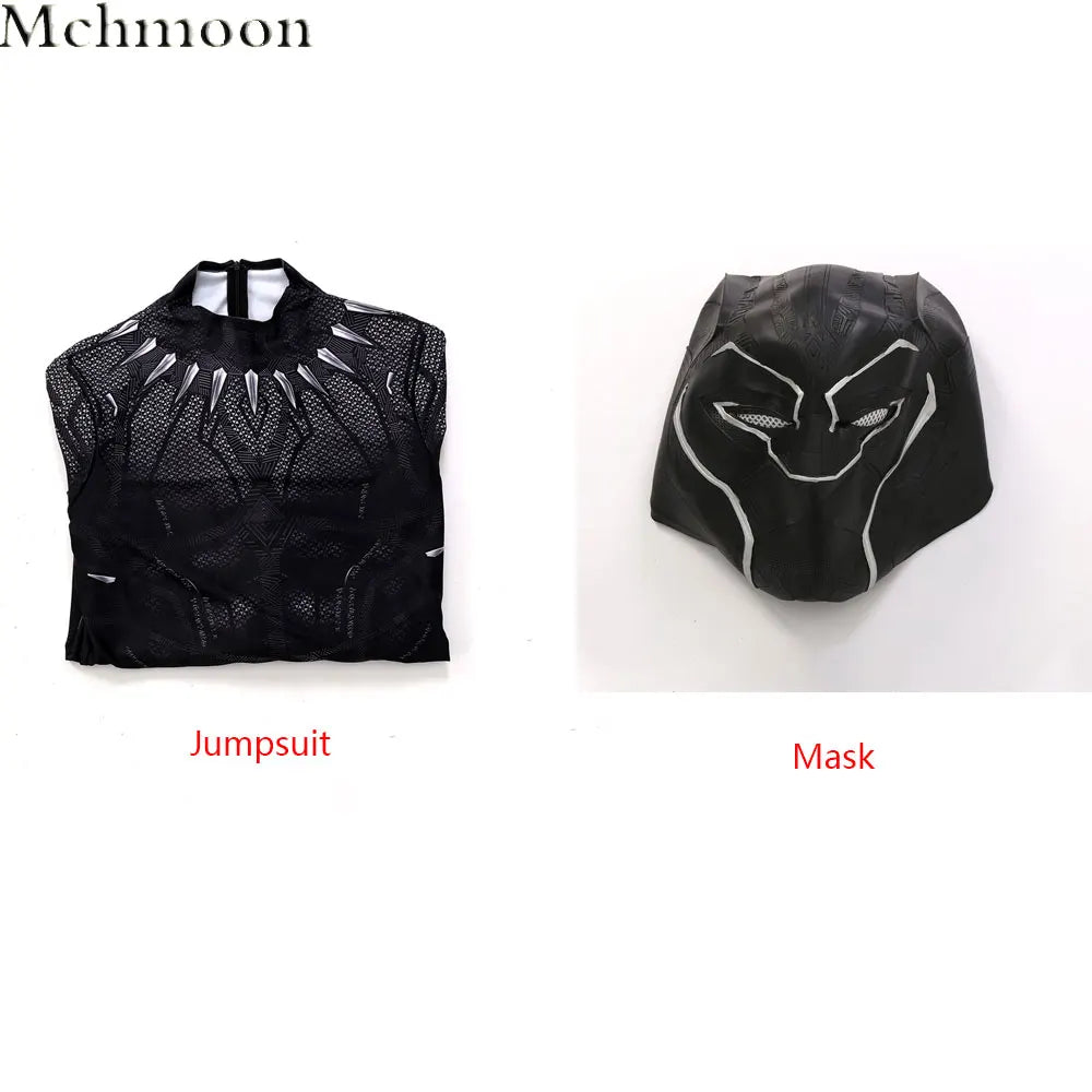 Black Panther T'Challa Kostüm - Schwarzer Overall mit Netzstoff und Maske mit silbernen Krallen