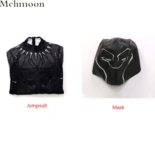 Black Panther T'Challa Kostüm - Schwarzer Overall mit Netzstoff und Maske mit silbernen Krallen