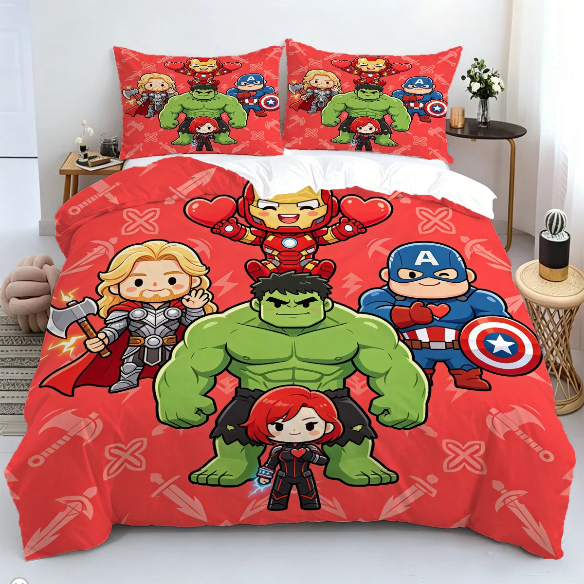 Bettbezug Chibi Avengers - Roter Hintergrund