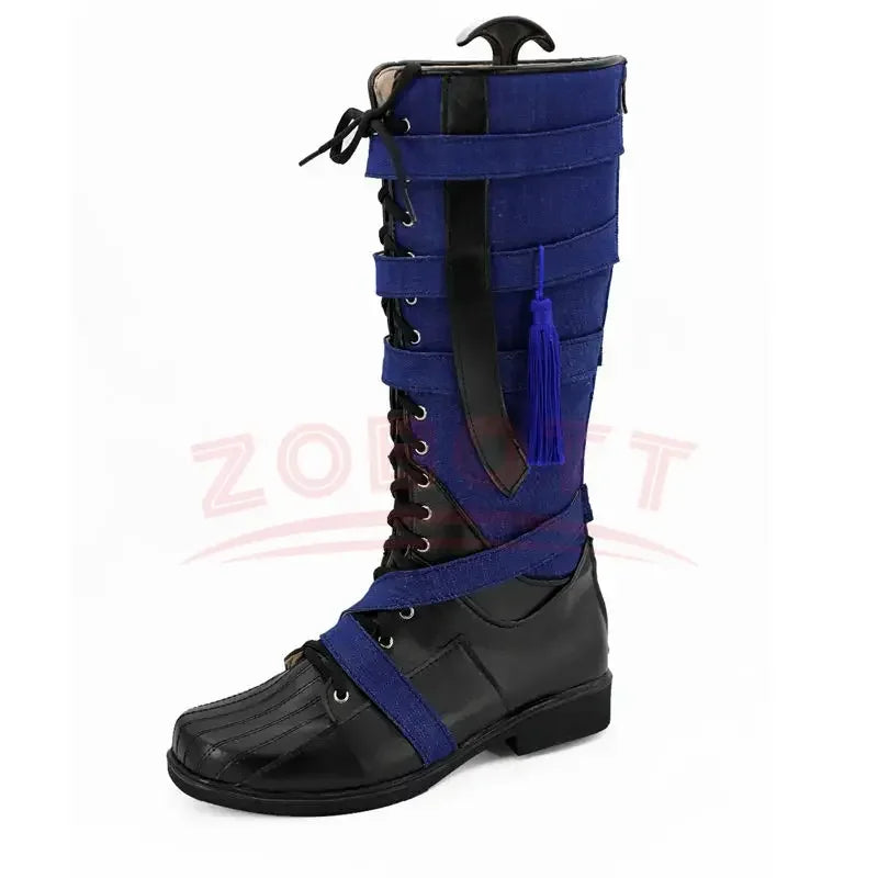 Ausgefallene Cosplay-Stiefel – Marineblaues und schwarzes Leder mit Pompon (Herren)