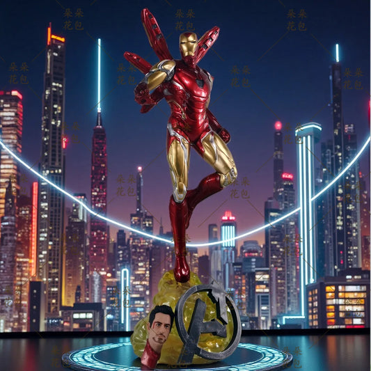 Iron Man Doppel-Kopf-LED-Statue – Avengers Nachtliche Skyline