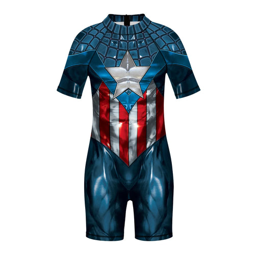Kinder-Badeanzug Captain America - Kurzarm-3D-Overall mit Sternen-Motiv