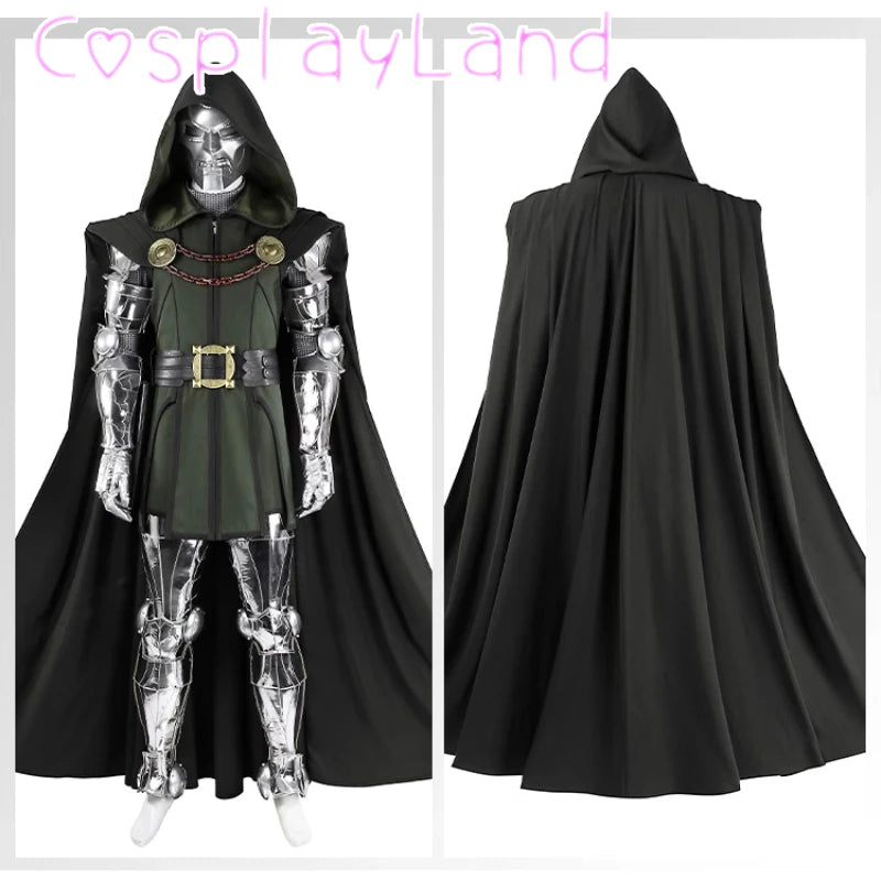 Doctor Doom Kostüm – silberner Rüstungsanzug mit schwarzem Umhang
