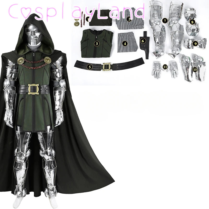 Doctor Doom Kostüm – silberner Rüstungsanzug mit schwarzem Umhang
