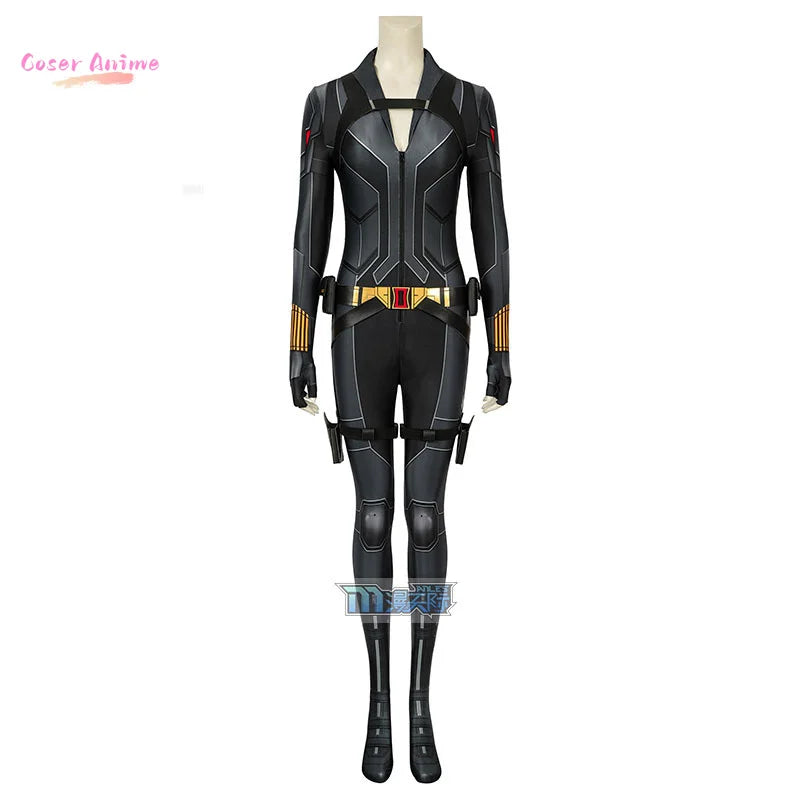 Black Widow Film Cosplay Kostüm – Schwarzer Overall Goldener Gürtel Erwachsene