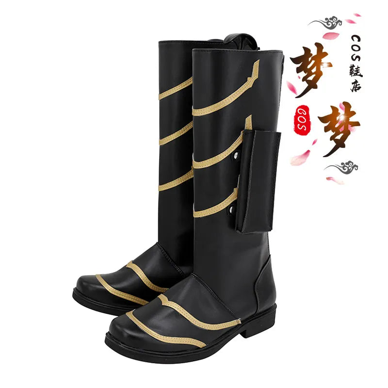 Cosplay-Stiefel Fantasie – Schwarz-Goldenes Zickzack-Muster aus Leder (Herren)