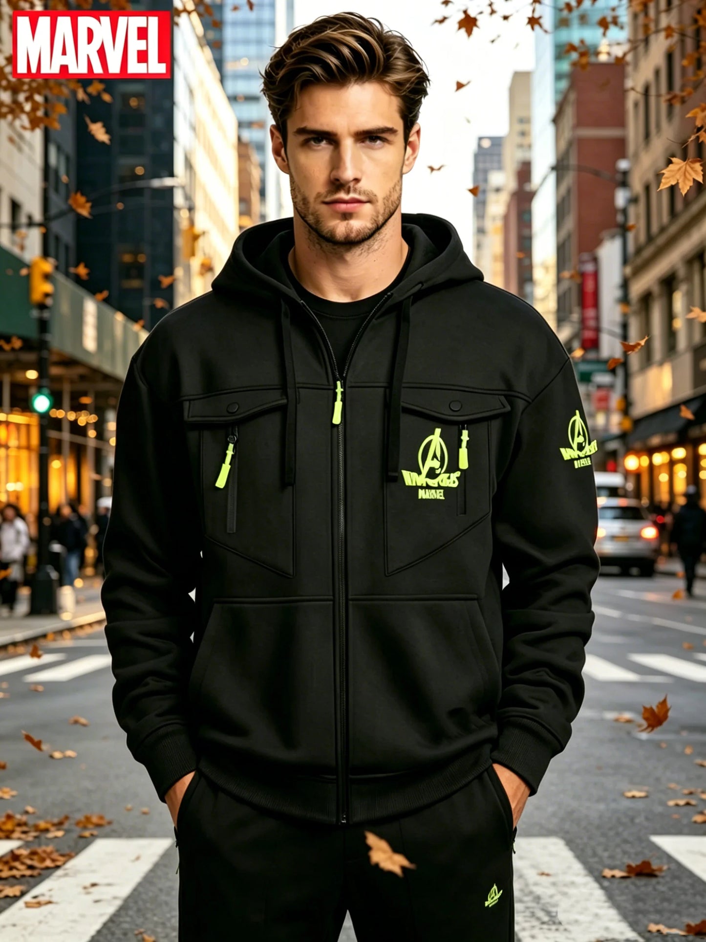 Kapuzenpullover mit Reißverschluss Marvel Avengers – Neon-Logo, Multitaschen, Herren