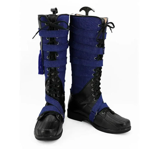Ausgefallene Cosplay-Stiefel – Marineblaues und schwarzes Leder mit Pompon (Herren)