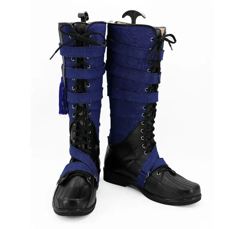 Cosplay Stiefel Fantasie - Marineblaues und schwarzes Leder mit Pompon (Damen)