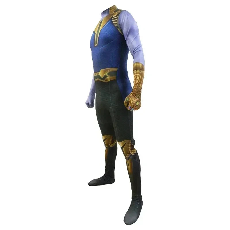 Thanos-Kostüm – blau-goldener Overall mit Handschuh
