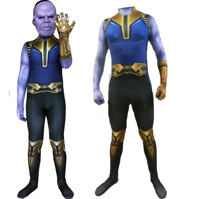 Thanos-Kostüm – blau-goldener Overall mit Handschuh