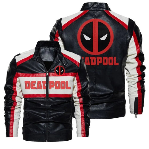Herren-Lederjacke Deadpool - Logo Rot Schwarz Weiß Biker