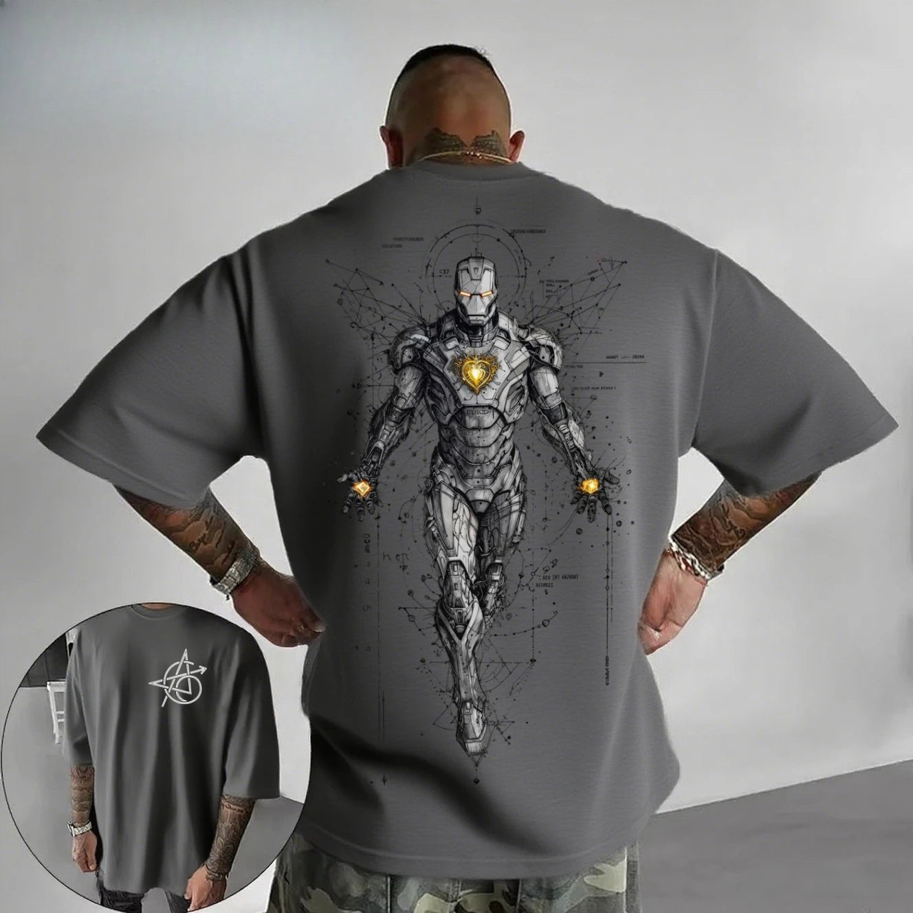 Avengers Iron Man T-Shirt – Cyberpunk Tech Line Art Weiß Oversize
