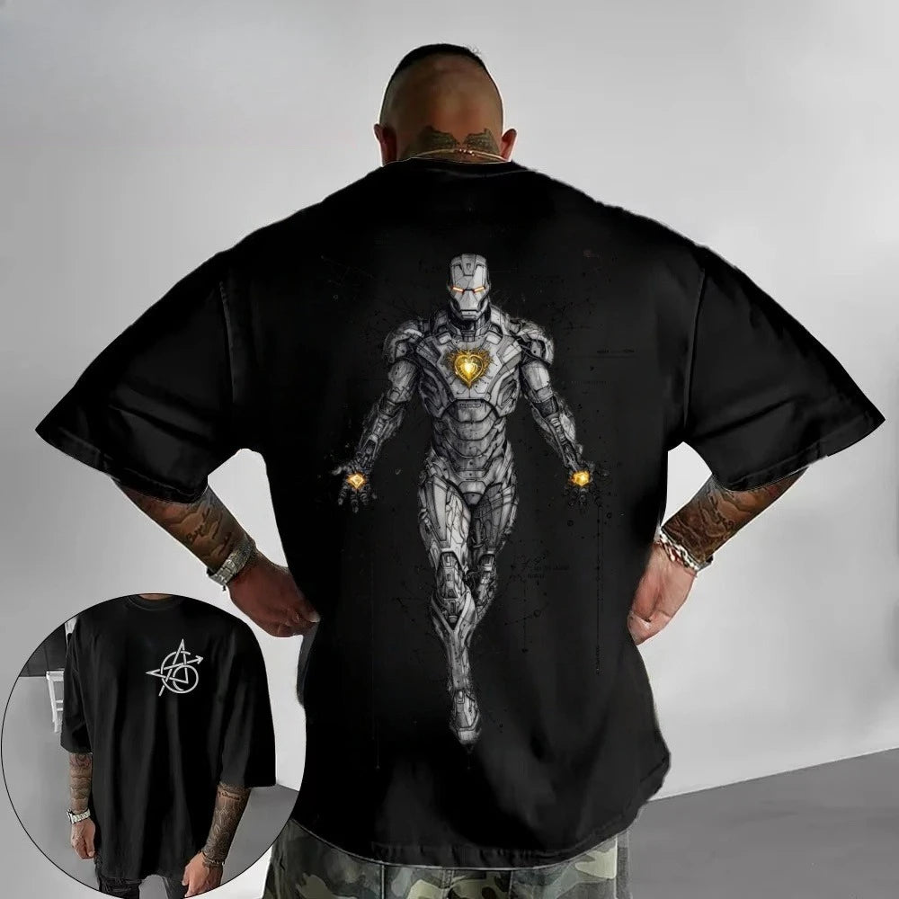 Avengers Iron Man T-Shirt – Cyberpunk Tech Line Art Weiß Oversize