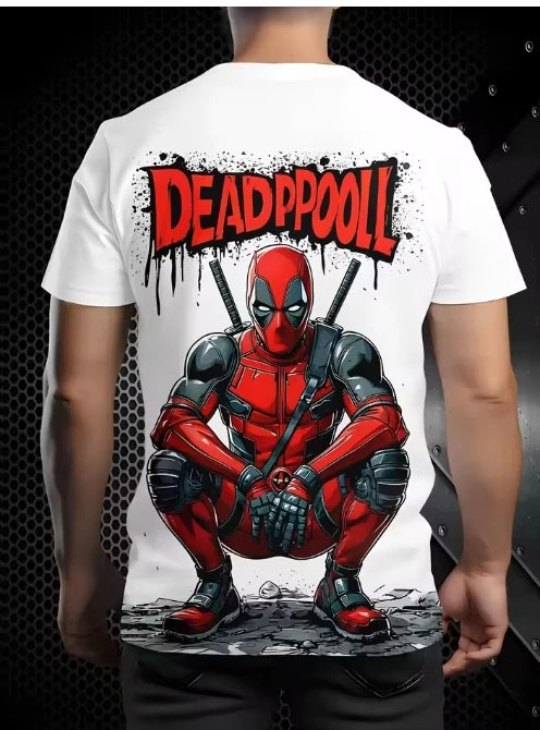 Herren T-Shirt Deadpool 3D - Kauernd Katanas Weißer Hintergrund