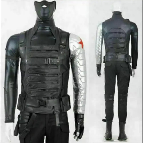 Winter Soldier Kostüm - Schwarzer Jumpsuit mit Metallarm und rotem Stern