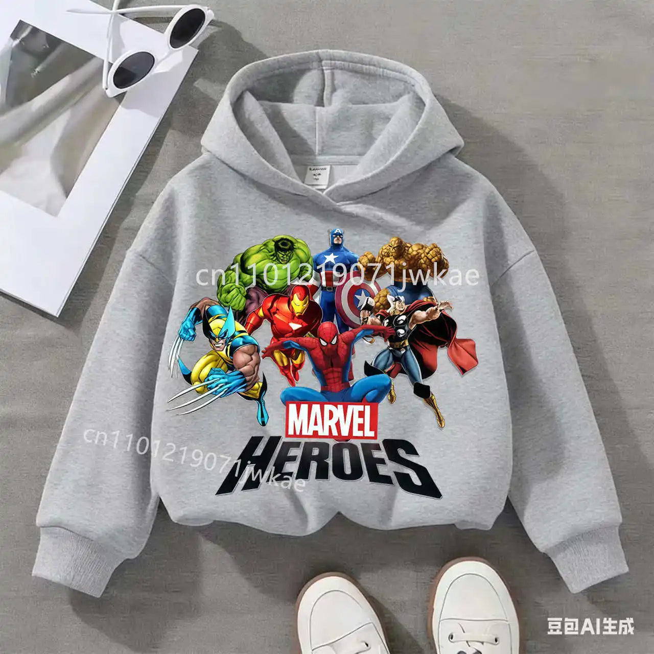 Kinder Hoodie Marvel Helden Gruppe - Grau