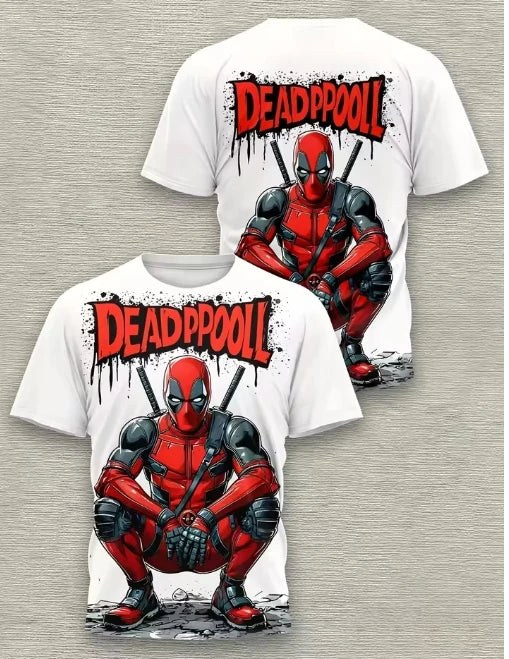 Herren T-Shirt Deadpool 3D - Kauernd Katanas Weißer Hintergrund