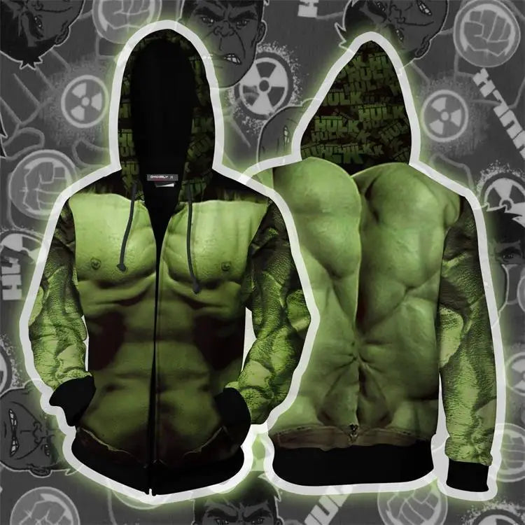 Hulk Kapuzenpullover - Muskel-Torso-Druck mit Reißverschluss