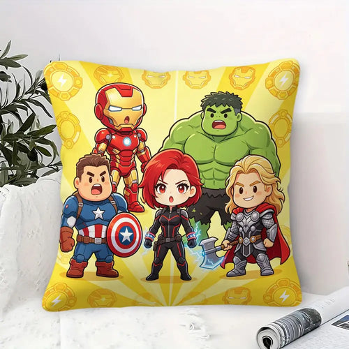 Avengers Chibi Kissen 45x45cm - Iron Man Hulk Captain America Black Widow Thor Gelber Hintergrund