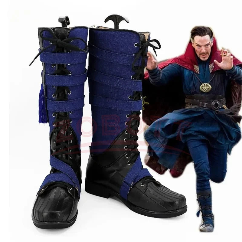 Ausgefallene Cosplay-Stiefel – Marineblaues und schwarzes Leder mit Pompon (Herren)