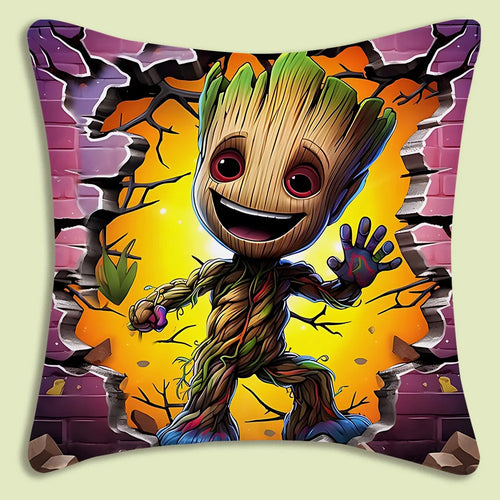 Kissenbezug Baby Groot - Gelbe und rosa Ziegelmauer durchbrechend