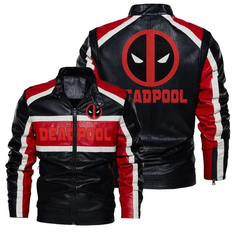 Herren-Lederjacke Deadpool - Logo Rot Schwarz Weiß Biker